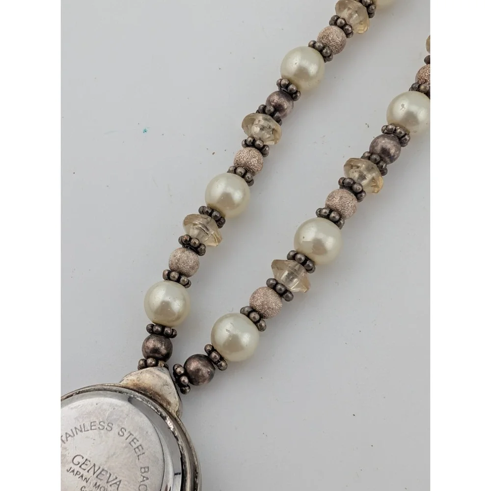 Geneva Silvertone Heart Bracelet Watch with Pearl Beads